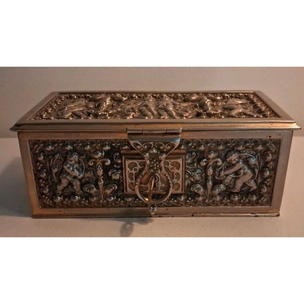 L Ostermayr Nuremberg Stamp Casket Jewelry Trinket Box Velvet Interior With Key